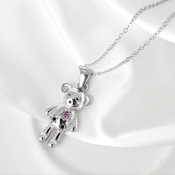 NEW 18K White Gold Silver Tone Teddy Bear Necklace with Pink CZ Diamonds - Picture 8 of 8